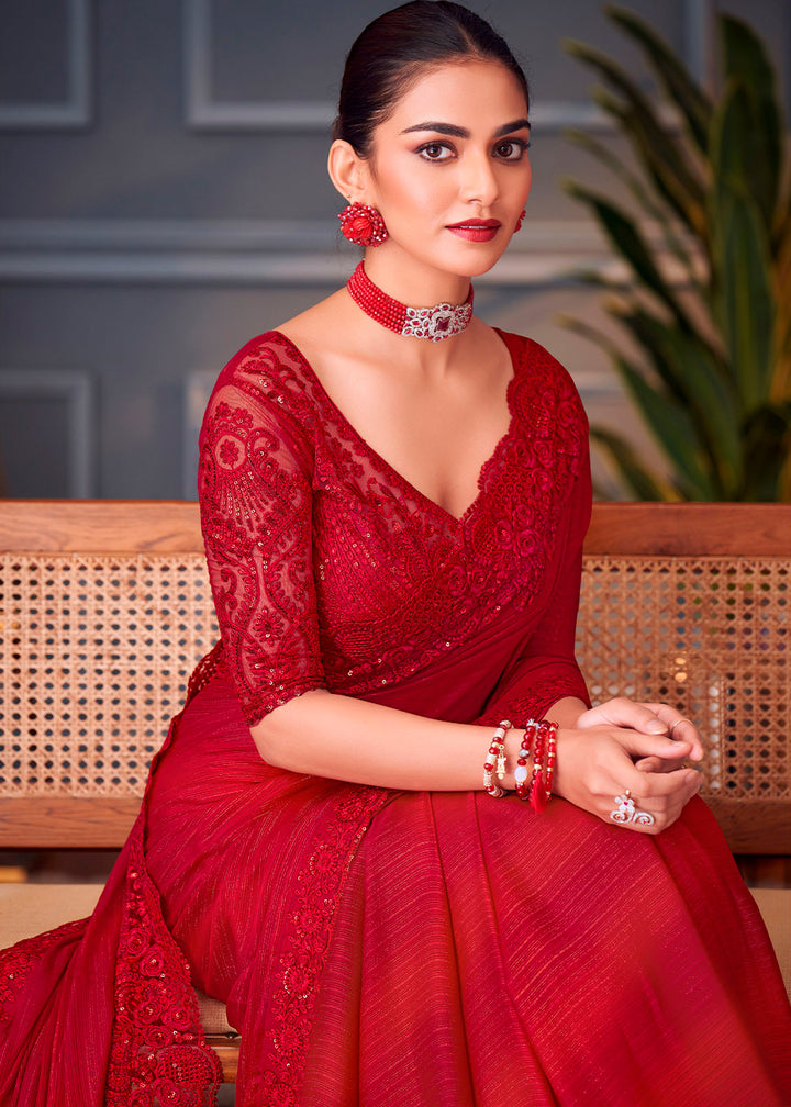 Carmine Red Silk Saree with Rich Thread Embroidery & Embellishments