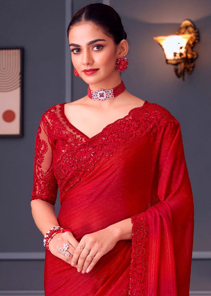 Carmine Red Silk Saree with Rich Thread Embroidery & Embellishments