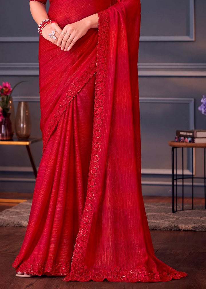 Carmine Red Silk Saree with Rich Thread Embroidery & Embellishments