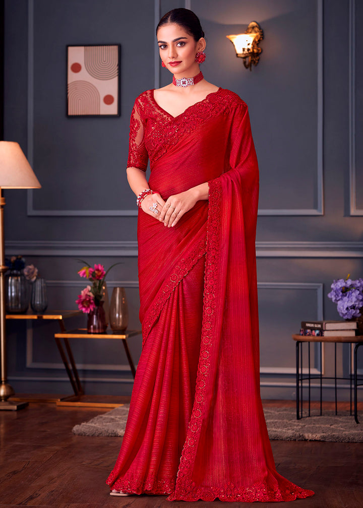 Carmine Red Silk Saree with Rich Thread Embroidery & Embellishments