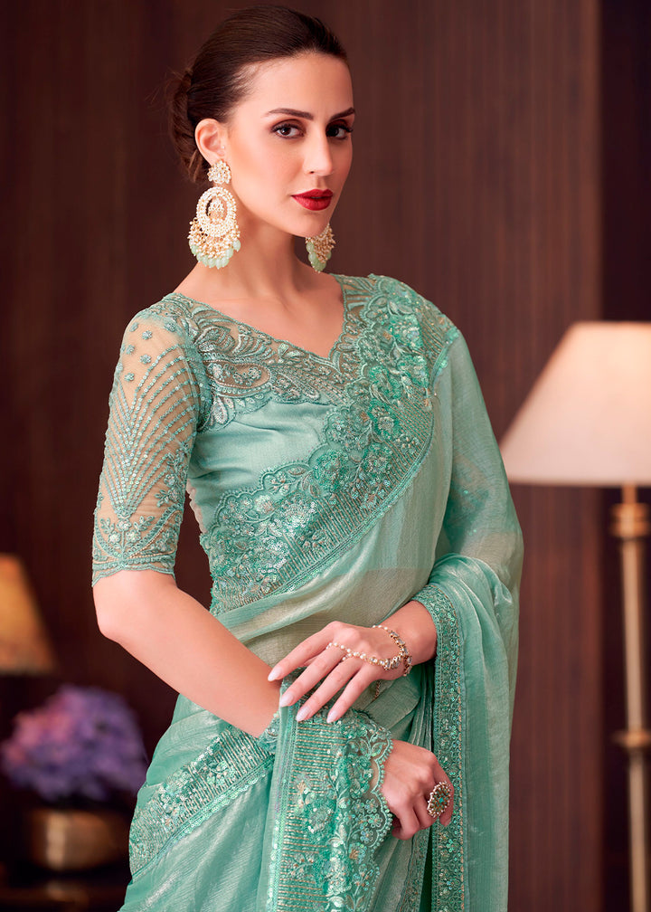 Chinoise Green Double Tone Silk Saree with Rich Thread Embroidery & Embellishments