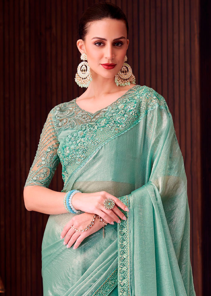 Chinoise Green Double Tone Silk Saree with Rich Thread Embroidery & Embellishments
