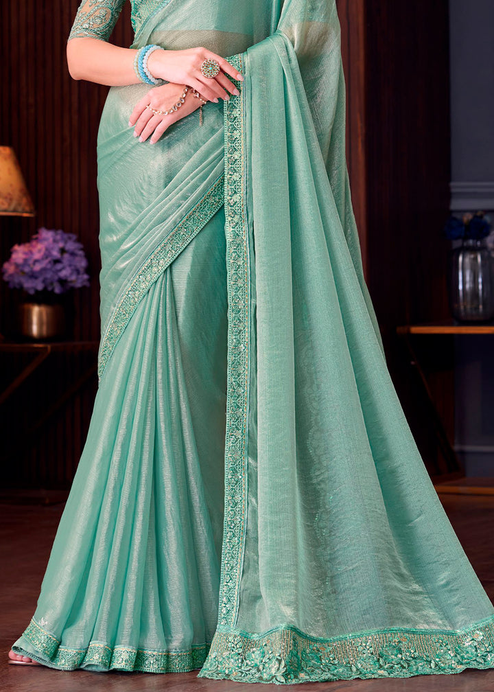 Chinoise Green Double Tone Silk Saree with Rich Thread Embroidery & Embellishments