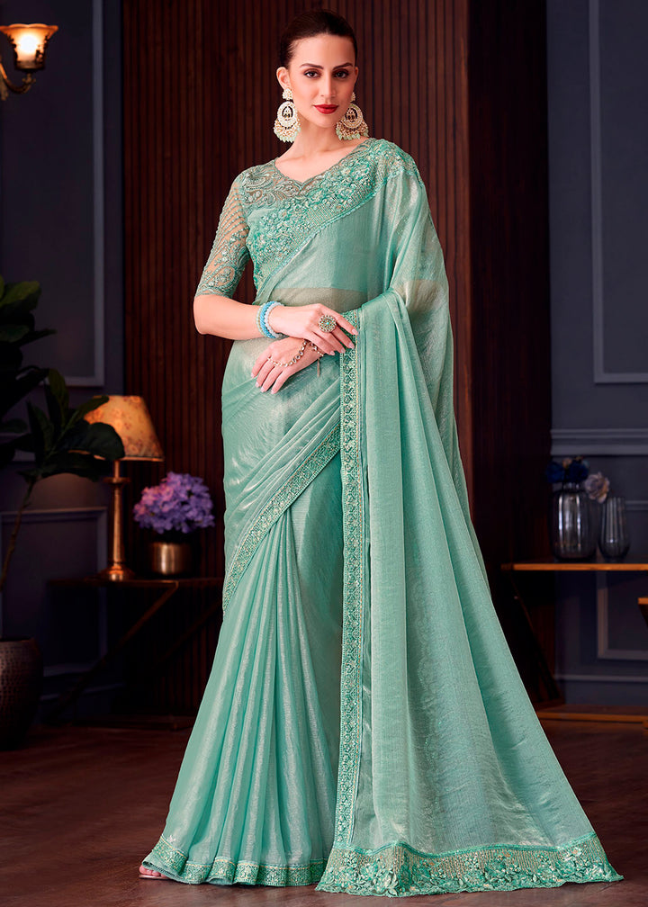 Chinoise Green Double Tone Silk Saree with Rich Thread Embroidery & Embellishments