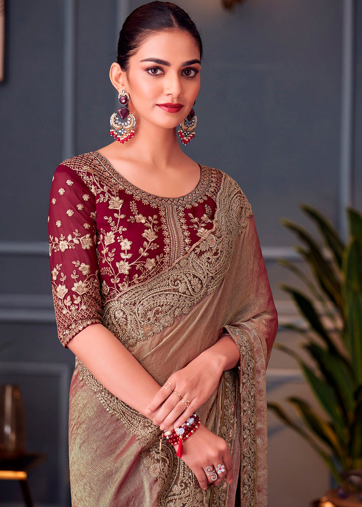 Brown & Purple Double Tone Silk Saree with Rich Thread Embroidery & Embellishments