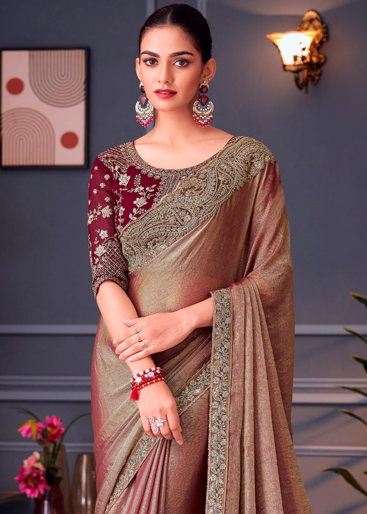 Brown & Purple Double Tone Silk Saree with Rich Thread Embroidery & Embellishments