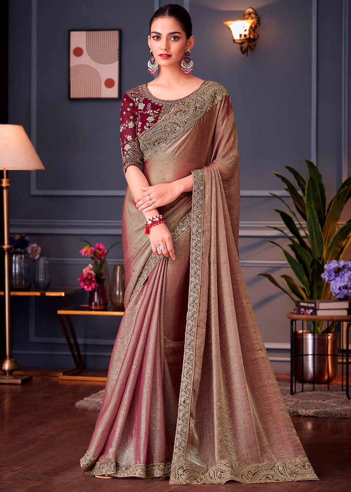 Brown & Purple Double Tone Silk Saree with Rich Thread Embroidery & Embellishments