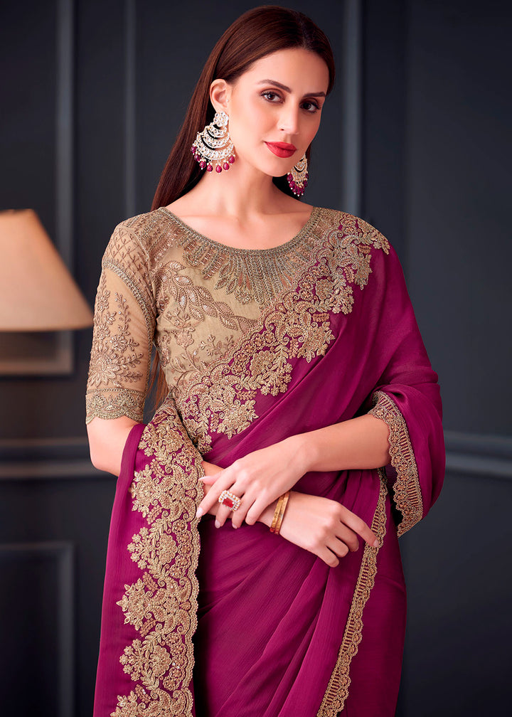 Fandango Purple Satin Chiffon Saree with Rich Thread Embroidery & Embellishments