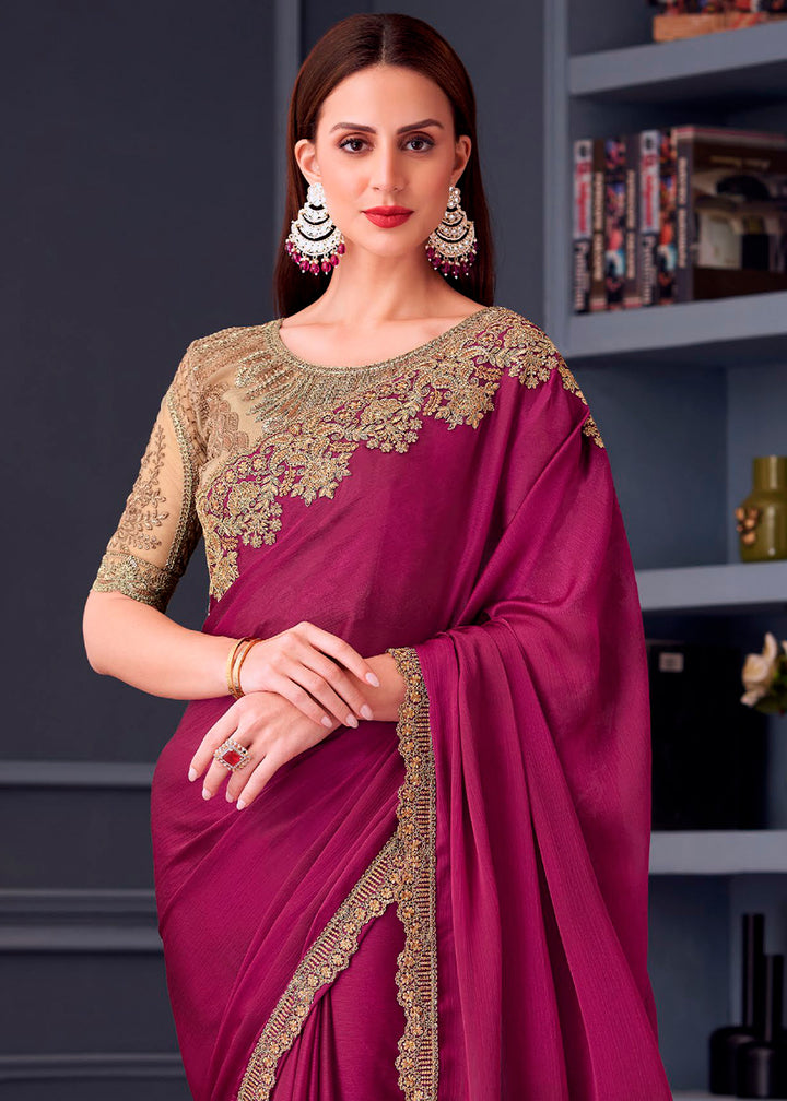 Fandango Purple Satin Chiffon Saree with Rich Thread Embroidery & Embellishments