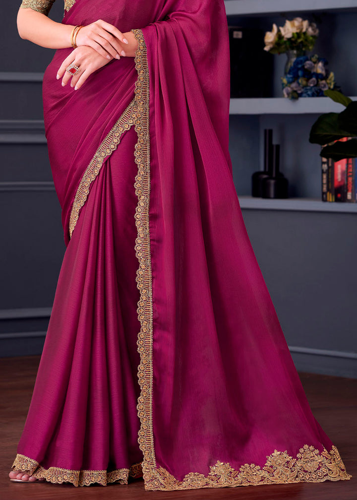 Fandango Purple Satin Chiffon Saree with Rich Thread Embroidery & Embellishments
