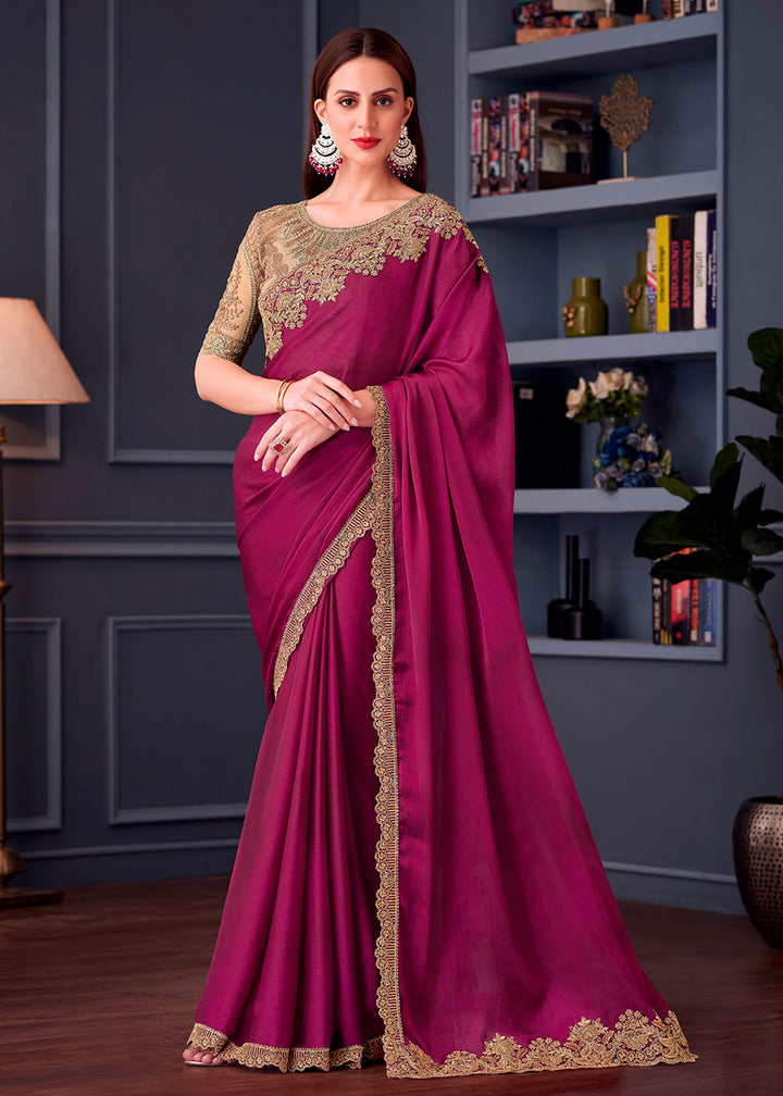 Fandango Purple Satin Chiffon Saree with Rich Thread Embroidery & Embellishments