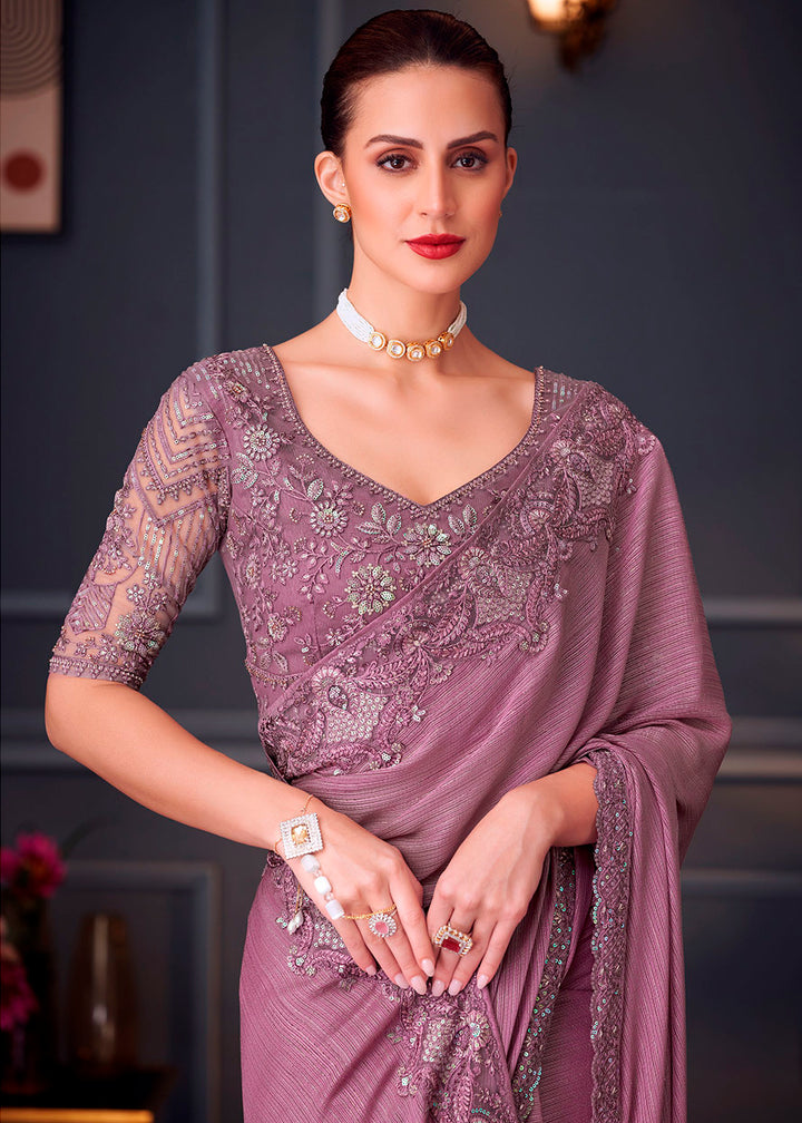 Lilac Purple Silk Saree with Rich Thread Embroidery & Embellishments
