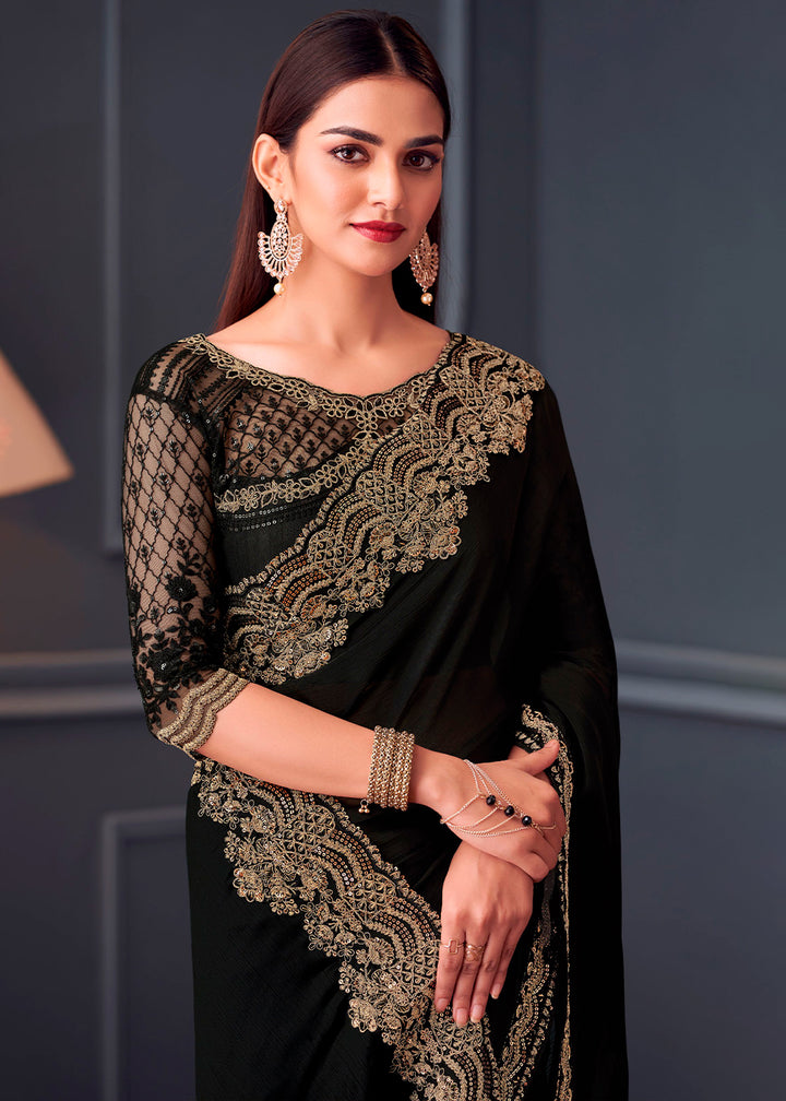 Midnight Black Satin Chiffon Saree with Rich Thread Embroidery & Embellishments