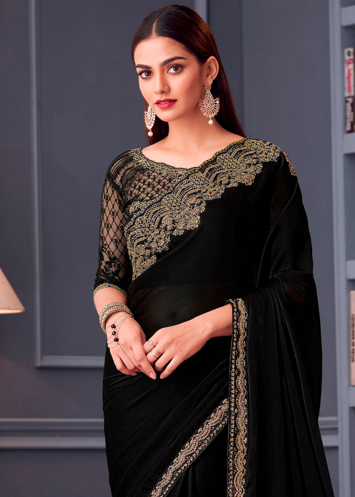 Midnight Black Satin Chiffon Saree with Rich Thread Embroidery & Embellishments