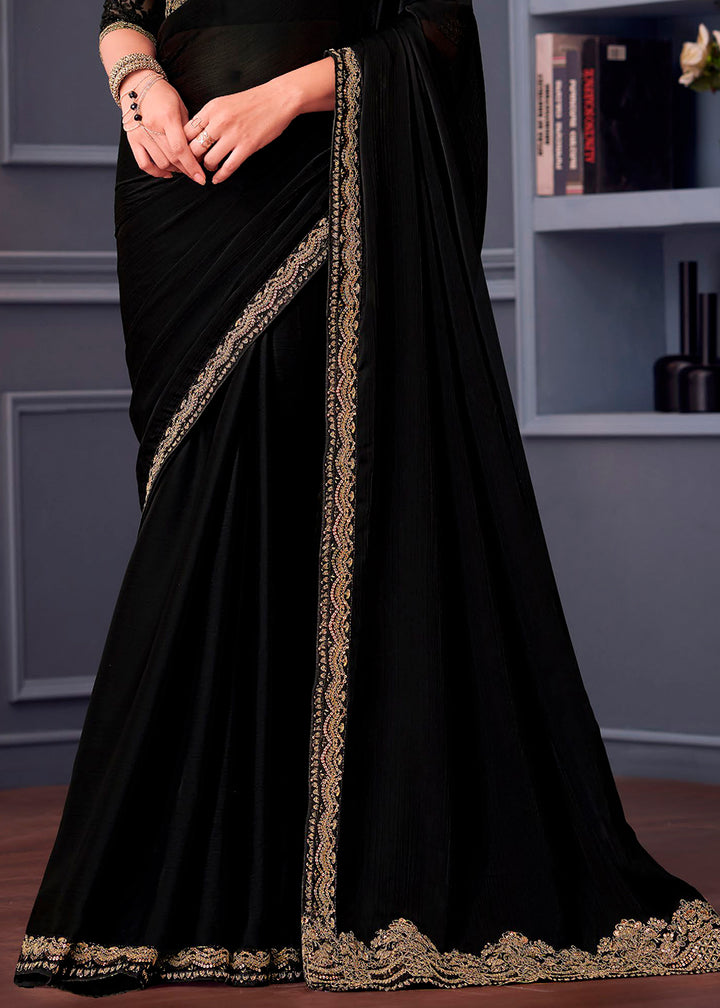 Midnight Black Satin Chiffon Saree with Rich Thread Embroidery & Embellishments