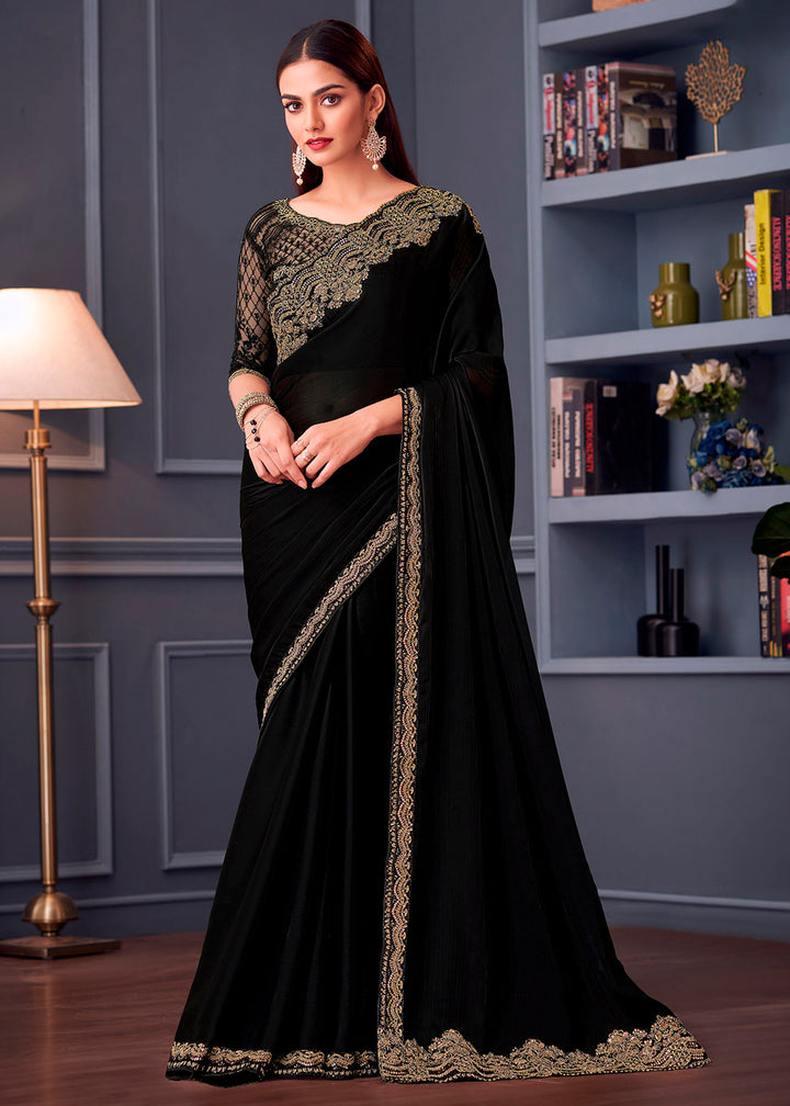 Midnight Black Satin Chiffon Saree with Rich Thread Embroidery & Embellishments