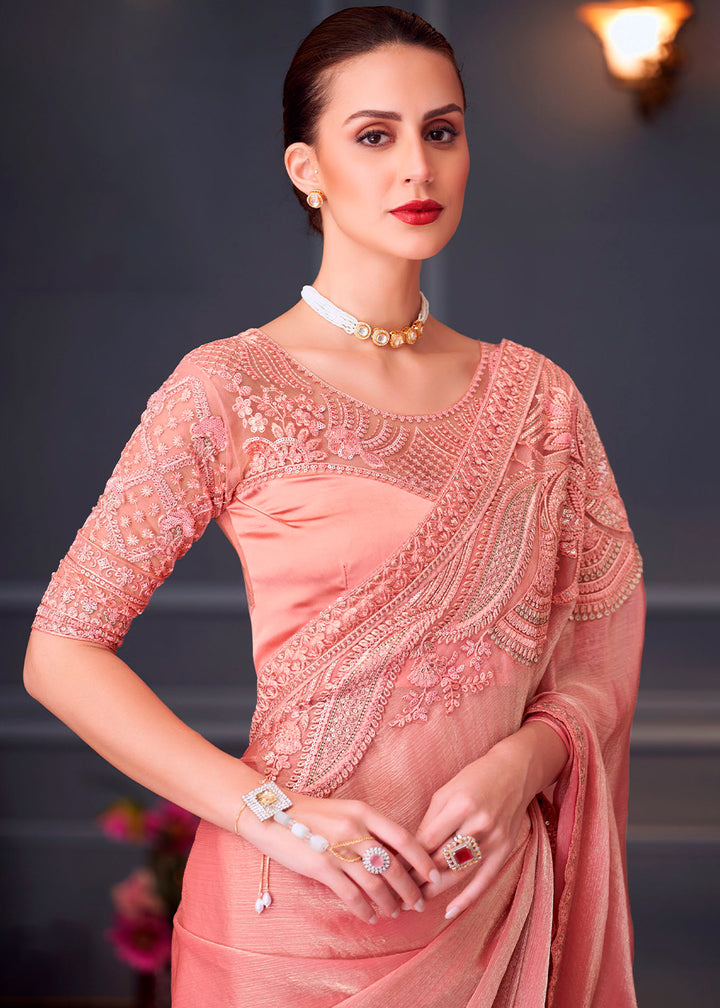 Peach Pink Chiffon Silk Saree with Rich Thread Embroidery & Embellishments