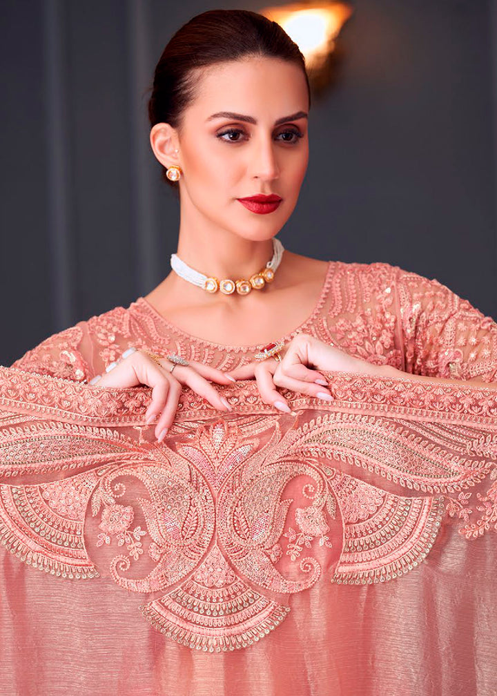 Peach Pink Chiffon Silk Saree with Rich Thread Embroidery & Embellishments