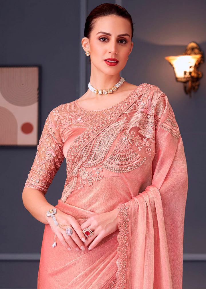 Peach Pink Chiffon Silk Saree with Rich Thread Embroidery & Embellishments