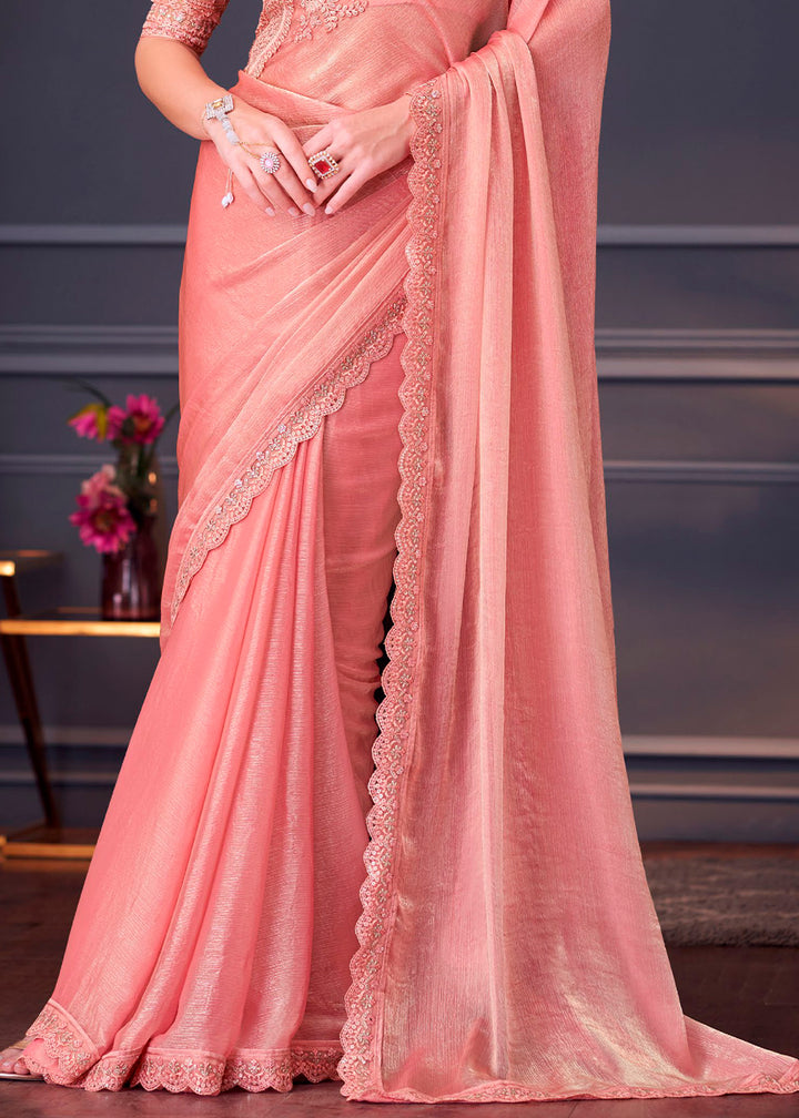 Peach Pink Chiffon Silk Saree with Rich Thread Embroidery & Embellishments