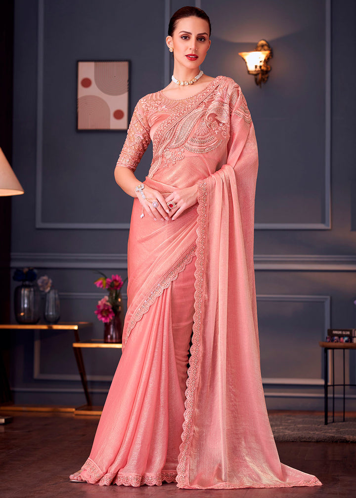 Peach Pink Chiffon Silk Saree with Rich Thread Embroidery & Embellishments