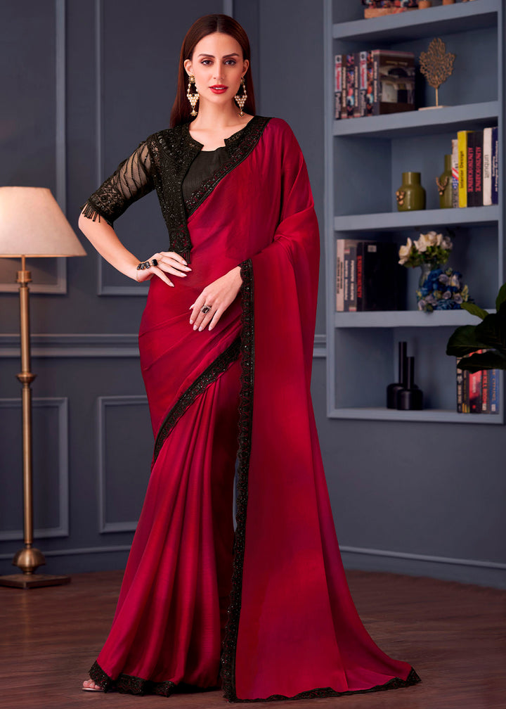 Shades Of Red Satin Chiffon Saree with Rich Thread Embroidery & Embellishments