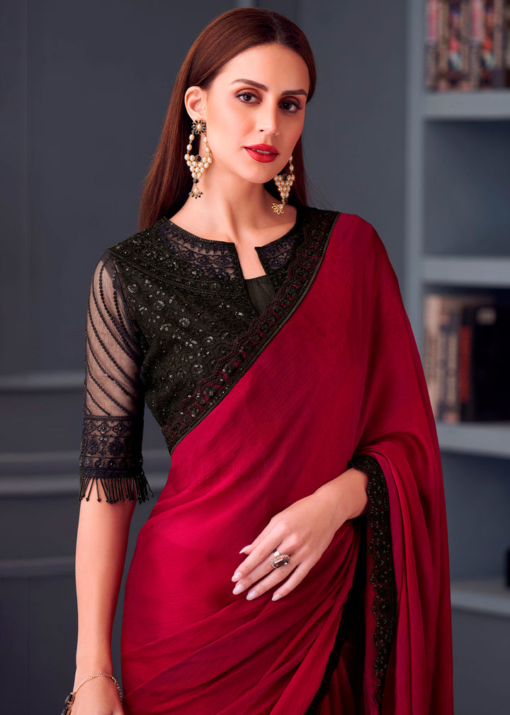Shades Of Red Satin Chiffon Saree with Rich Thread Embroidery & Embellishments