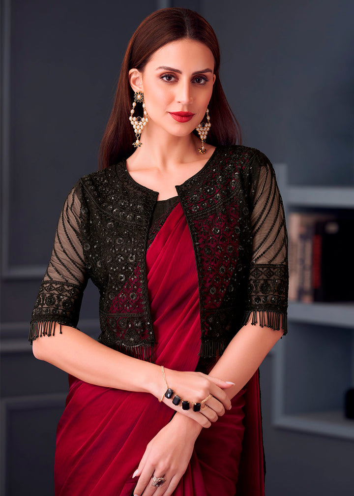 Shades Of Red Satin Chiffon Saree with Rich Thread Embroidery & Embellishments