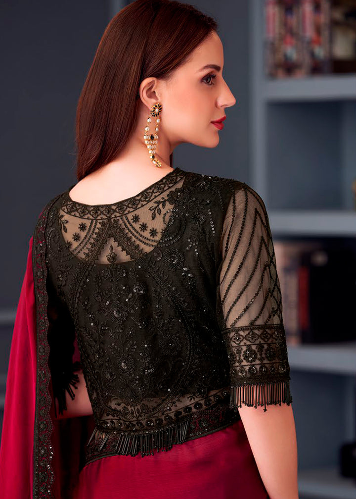 Shades Of Red Satin Chiffon Saree with Rich Thread Embroidery & Embellishments