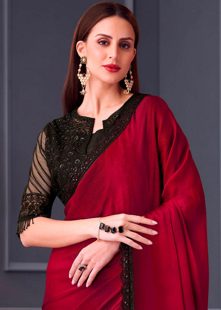 Shades Of Red Satin Chiffon Saree with Rich Thread Embroidery & Embellishments