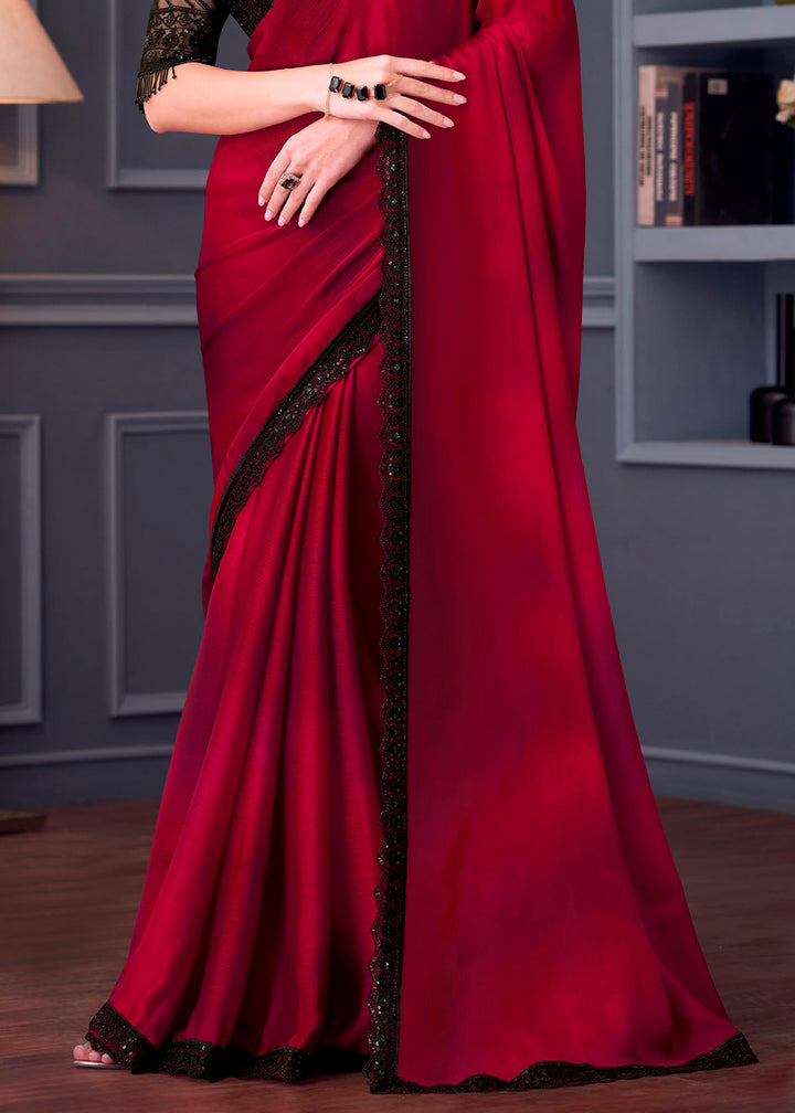 Shades Of Red Satin Chiffon Saree with Rich Thread Embroidery & Embellishments