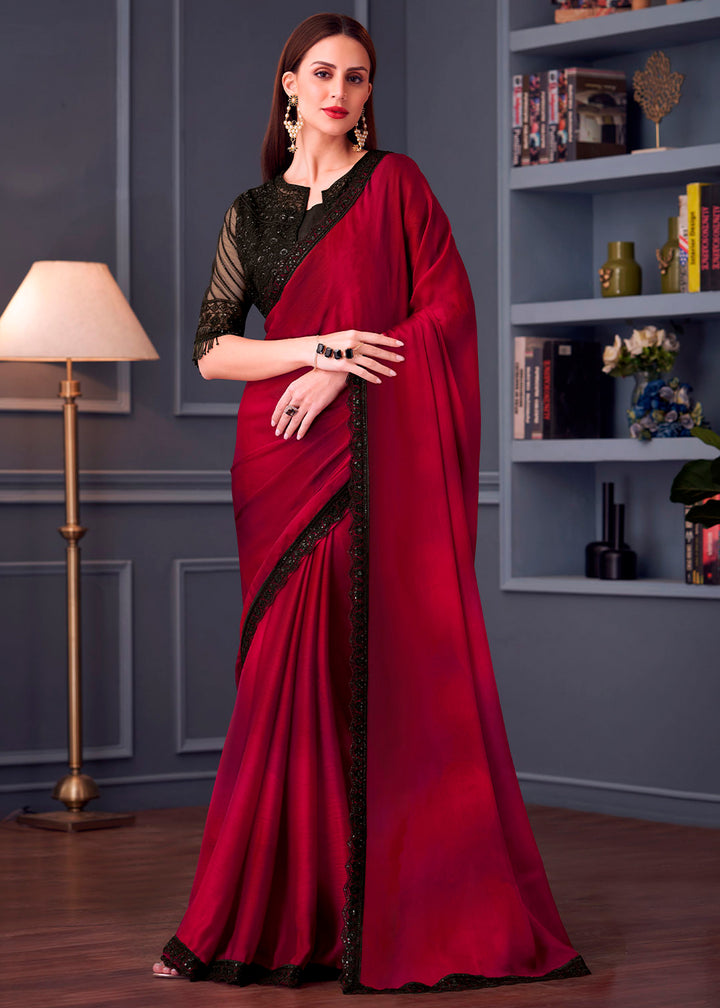 Shades Of Red Satin Chiffon Saree with Rich Thread Embroidery & Embellishments