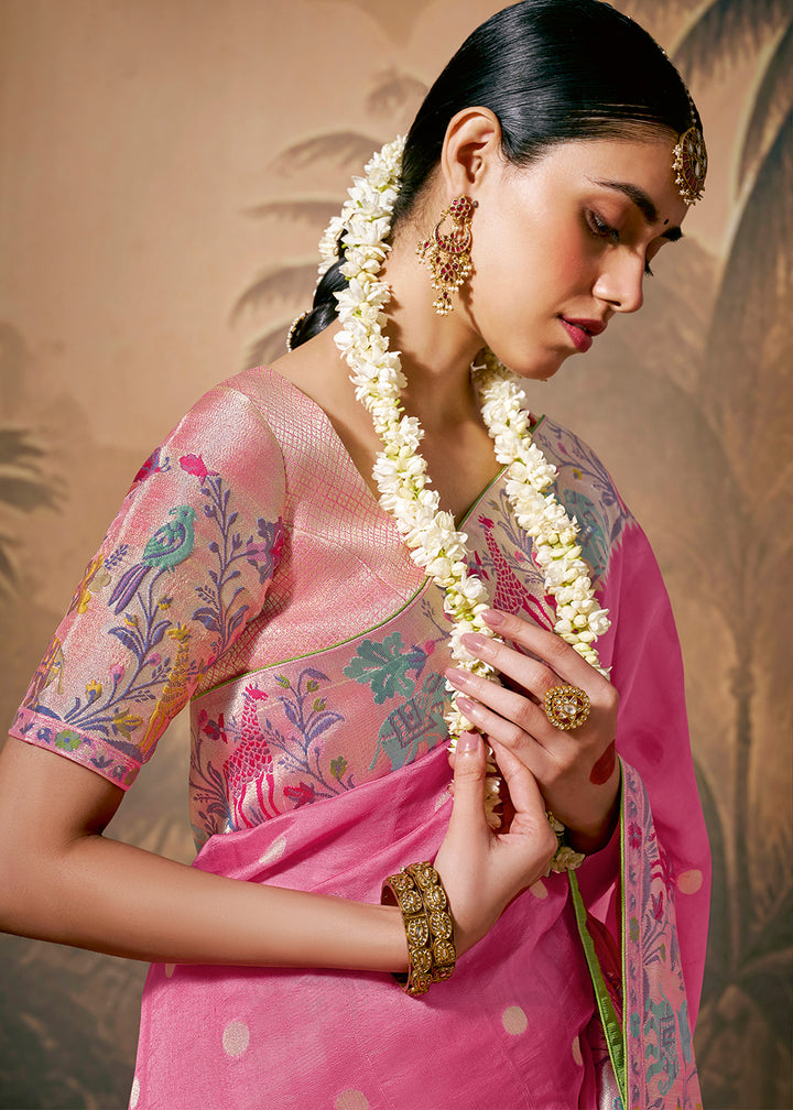 Fuscia Pink Munga Silk Saree with Intricate Zari Work and Floral Embroidery