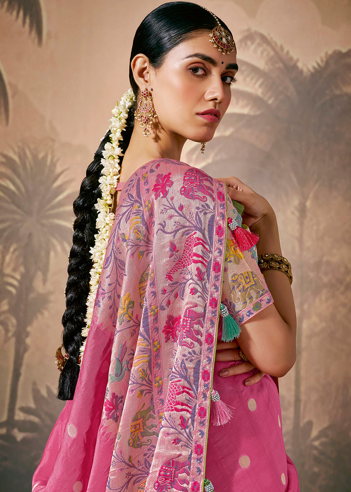 Fuscia Pink Munga Silk Saree with Intricate Zari Work and Floral Embroidery
