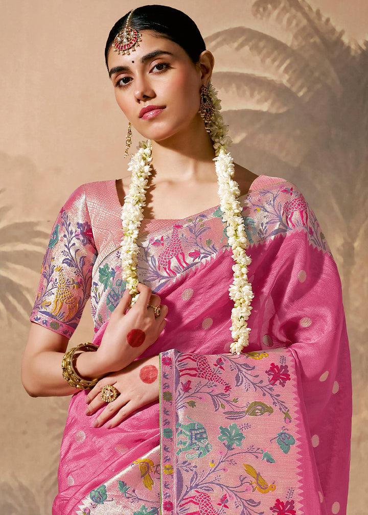 Fuscia Pink Munga Silk Saree with Intricate Zari Work and Floral Embroidery