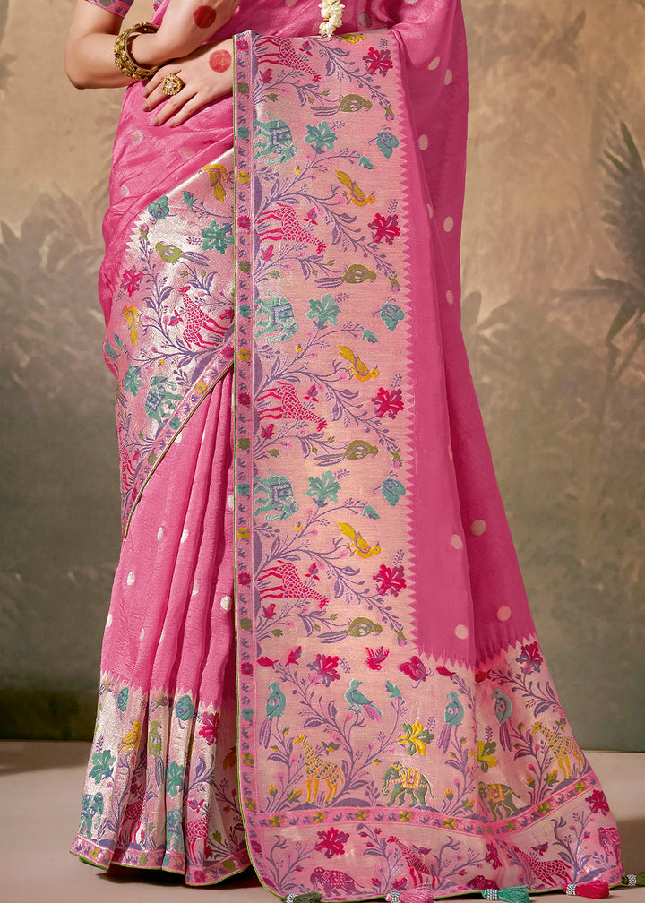 Fuscia Pink Munga Silk Saree with Intricate Zari Work and Floral Embroidery