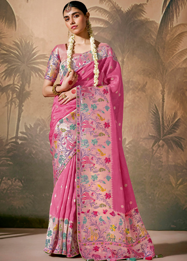Fuscia Pink Munga Silk Saree with Intricate Zari Work and Floral Embroidery