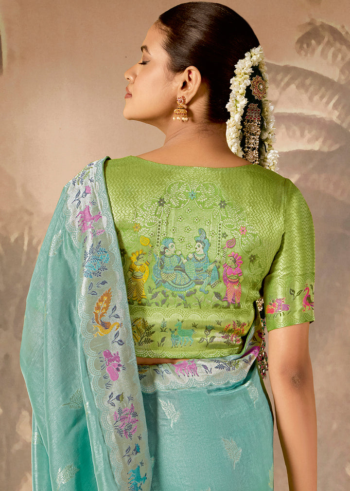 Charming Blue Munga Silk Saree Featuring Zari Work & Floral Motifs