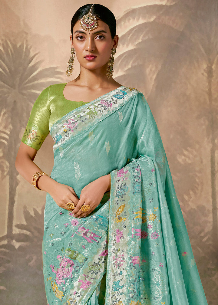 Charming Blue Munga Silk Saree Featuring Zari Work & Floral Motifs