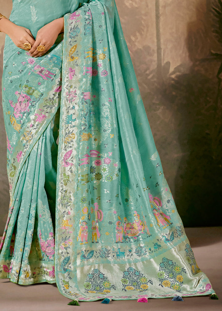 Charming Blue Munga Silk Saree Featuring Zari Work & Floral Motifs