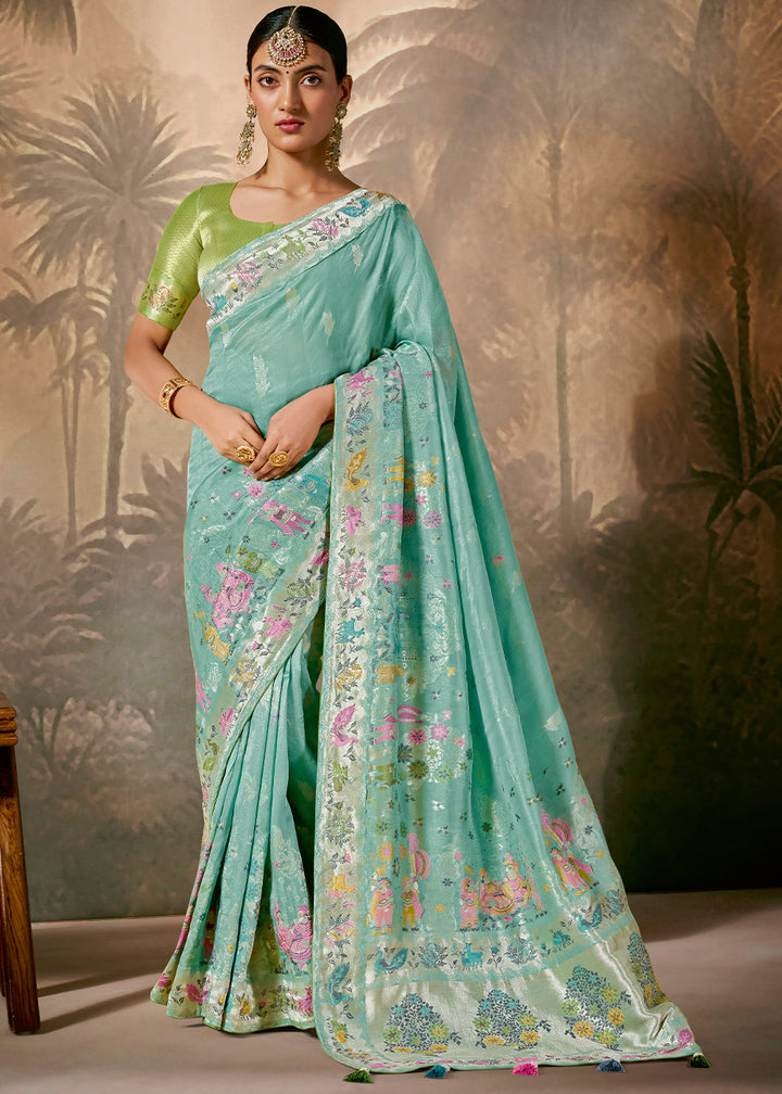 Charming Blue Munga Silk Saree Featuring Zari Work & Floral Motifs