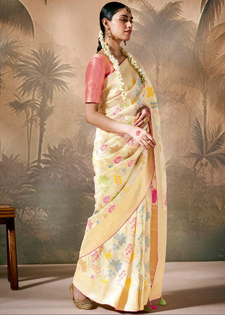 Cream White Munga Silk Saree with Zari & Floral Resham Work