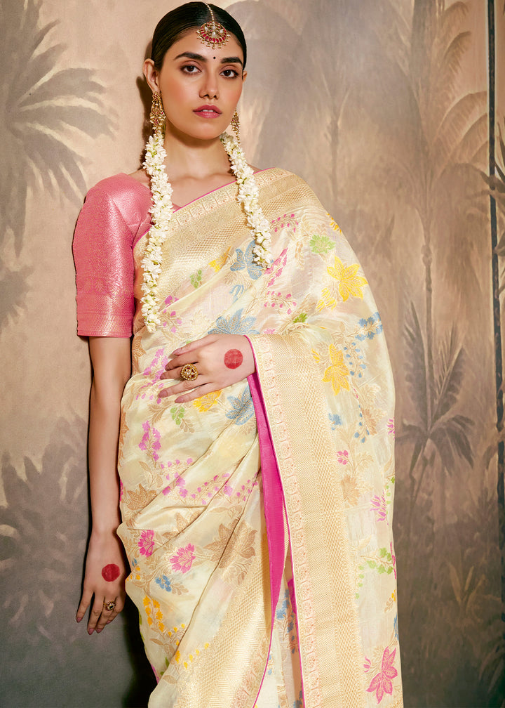 Cream White Munga Silk Saree with Zari & Floral Resham Work
