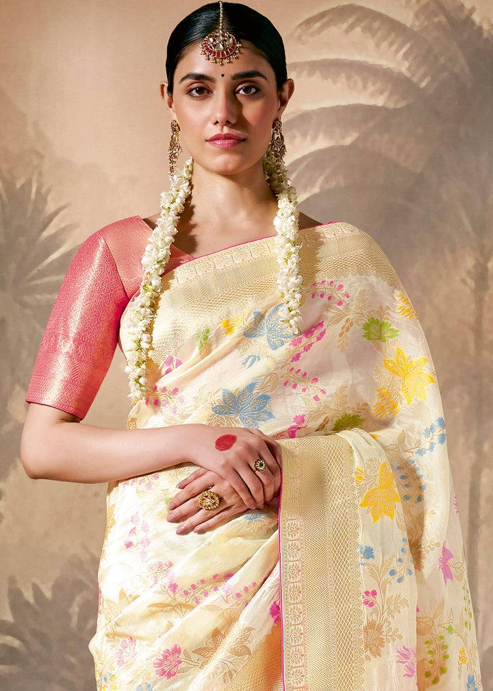 Cream White Munga Silk Saree with Zari & Floral Resham Work