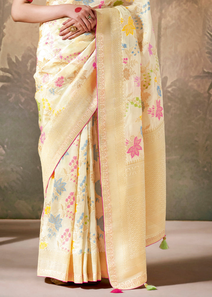 Cream White Munga Silk Saree with Zari & Floral Resham Work