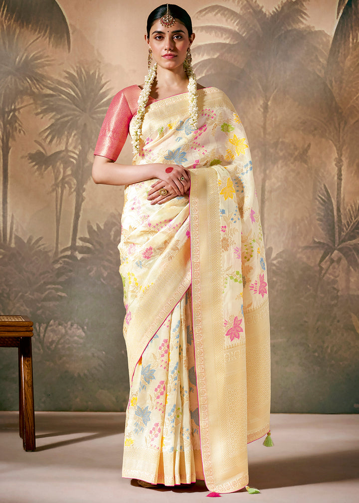 Cream White Munga Silk Saree with Zari & Floral Resham Work