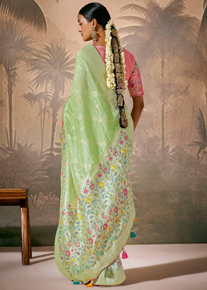 Delicate Pastel Green Munga Silk Saree with Zari Work & Resham Design
