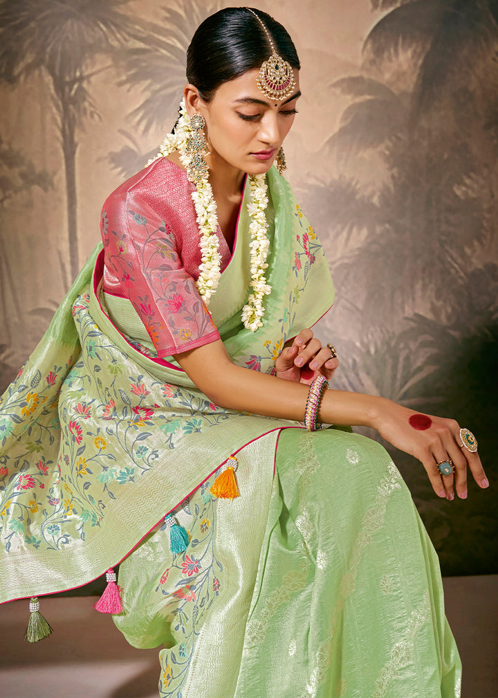 Delicate Pastel Green Munga Silk Saree with Zari Work & Resham Design