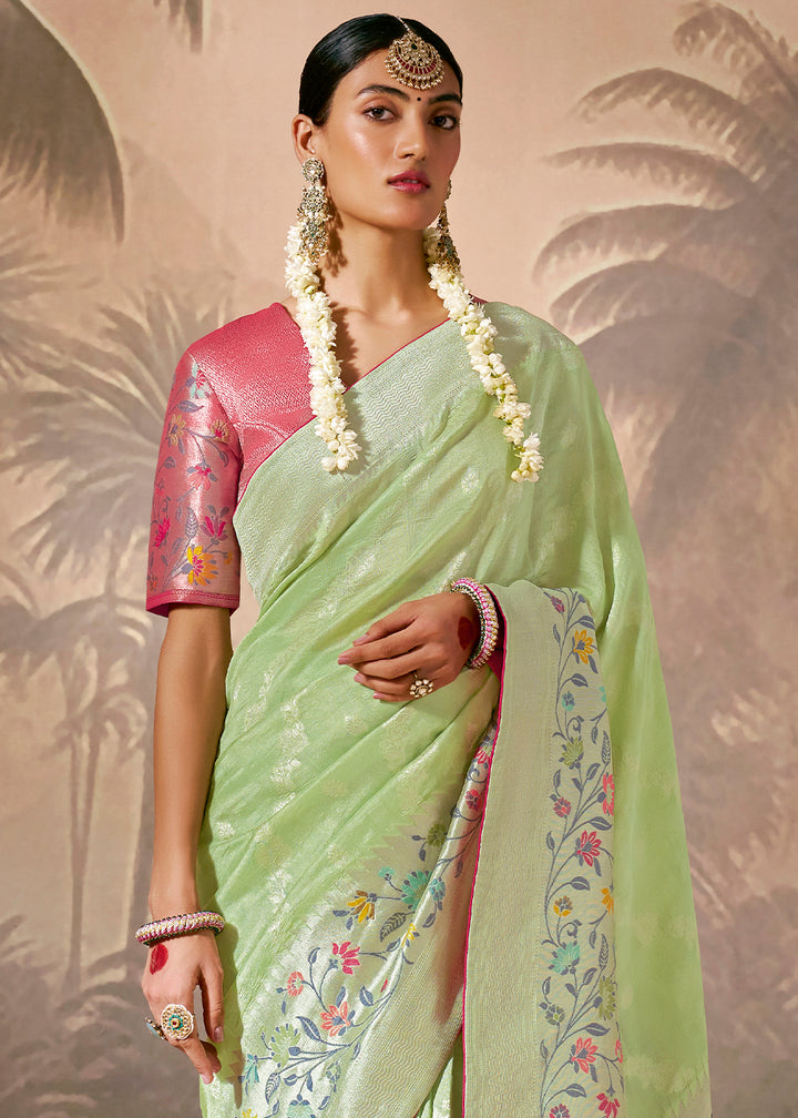 Delicate Pastel Green Munga Silk Saree with Zari Work & Resham Design
