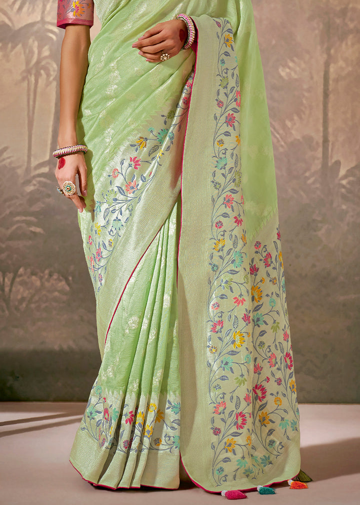 Delicate Pastel Green Munga Silk Saree with Zari Work & Resham Design